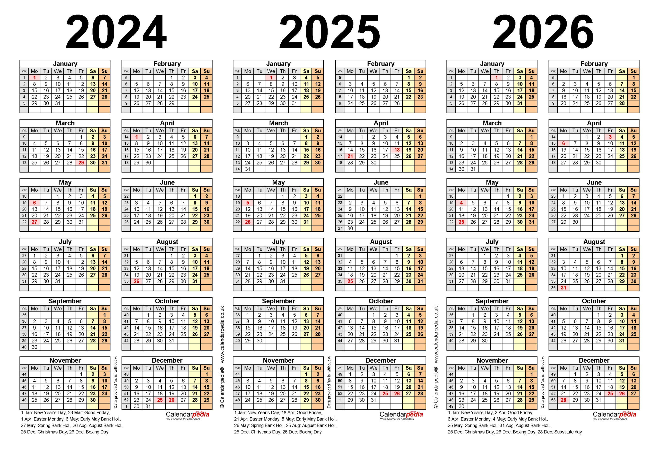 Three Year Calendars For 2024, 2025 And 2026 (Uk) For Pdf with regard to Calendar 2024 2025 2026 Free Printable