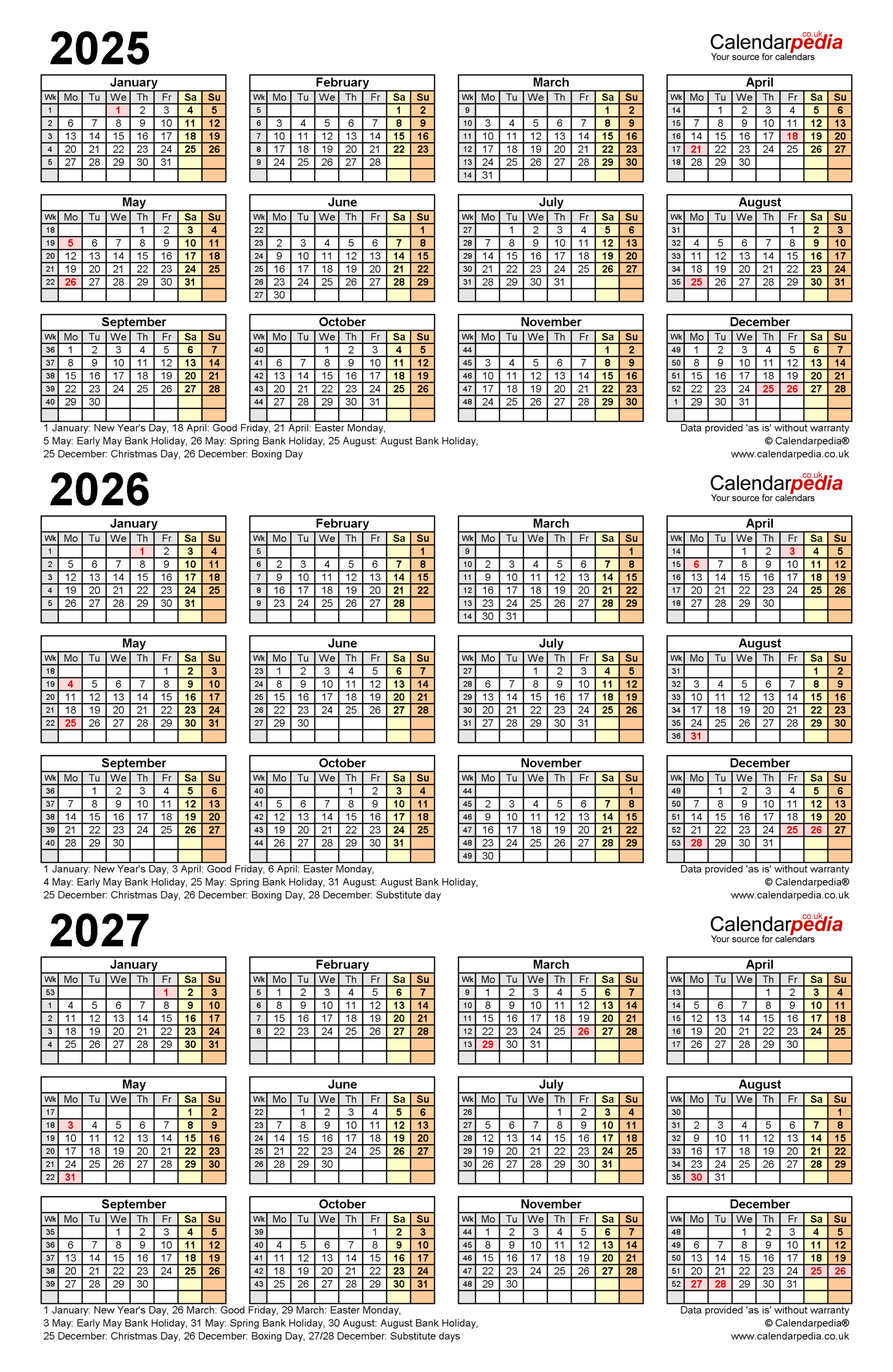 Three Year Calendars For 2025, 2026 And 2027 (Uk) For Pdf in Printable Calendar 2025 2026 2027