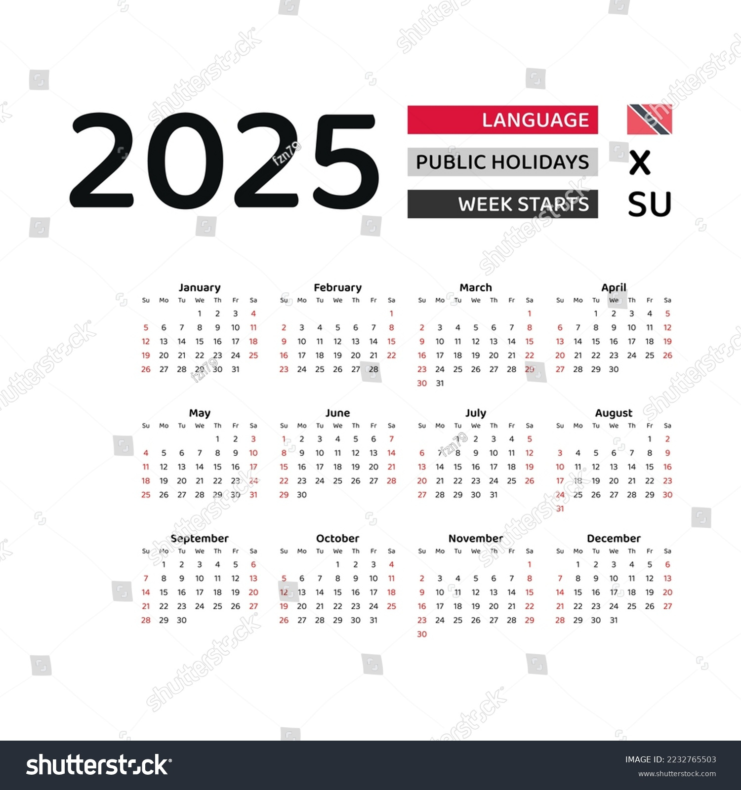 Trinidad Tobago Calendar 2025 Week Starts 库存矢量图（免版税 for Printable Calendar 2025 Trinidad