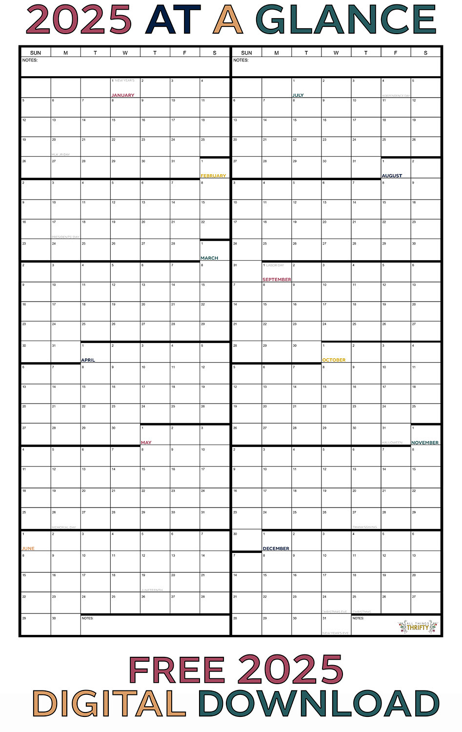 Year At A Glance Free Printable Calendar | All Things Thrifty throughout 2025 Year At A Glance Calendar Printable Free