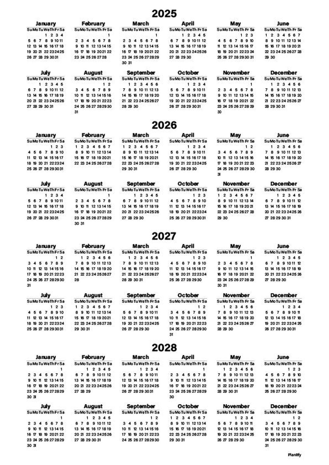 Yearly Calendar For Printing From 2025 To 2028 | 4 Years | Sunday for Printable Calendar 2025 To 2030