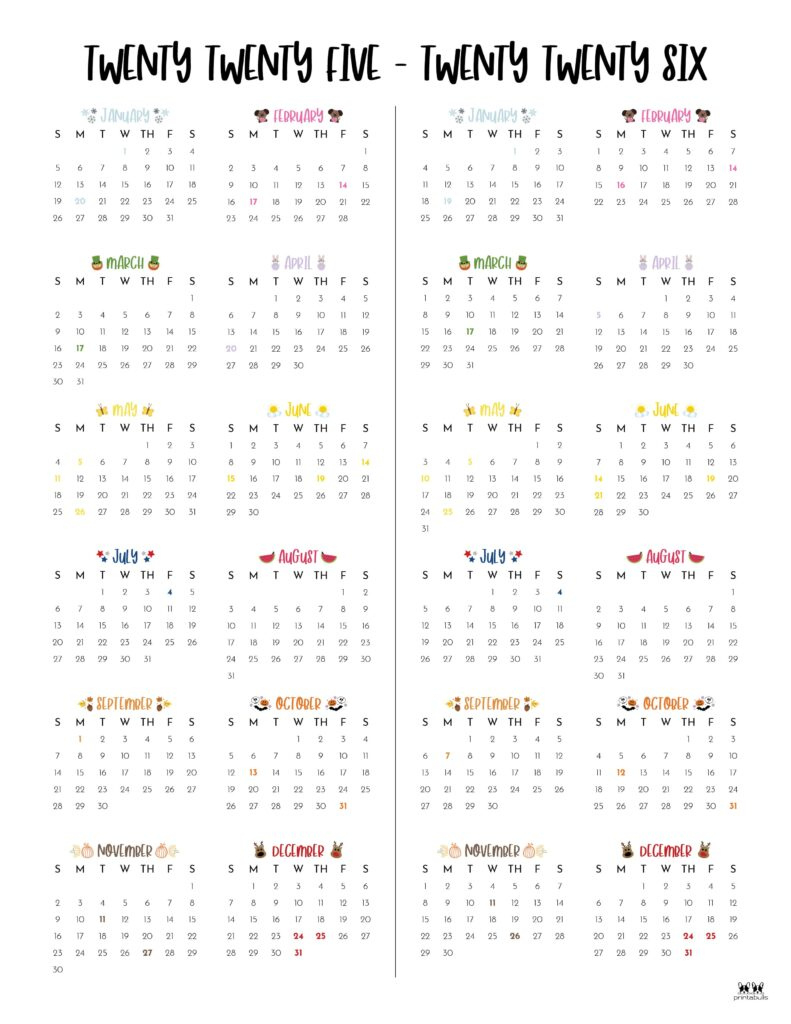 2025-2026 Two Year Calendars - 10 Free Cals | Printabulls in September 2025 to August 2026 Calendar Printable