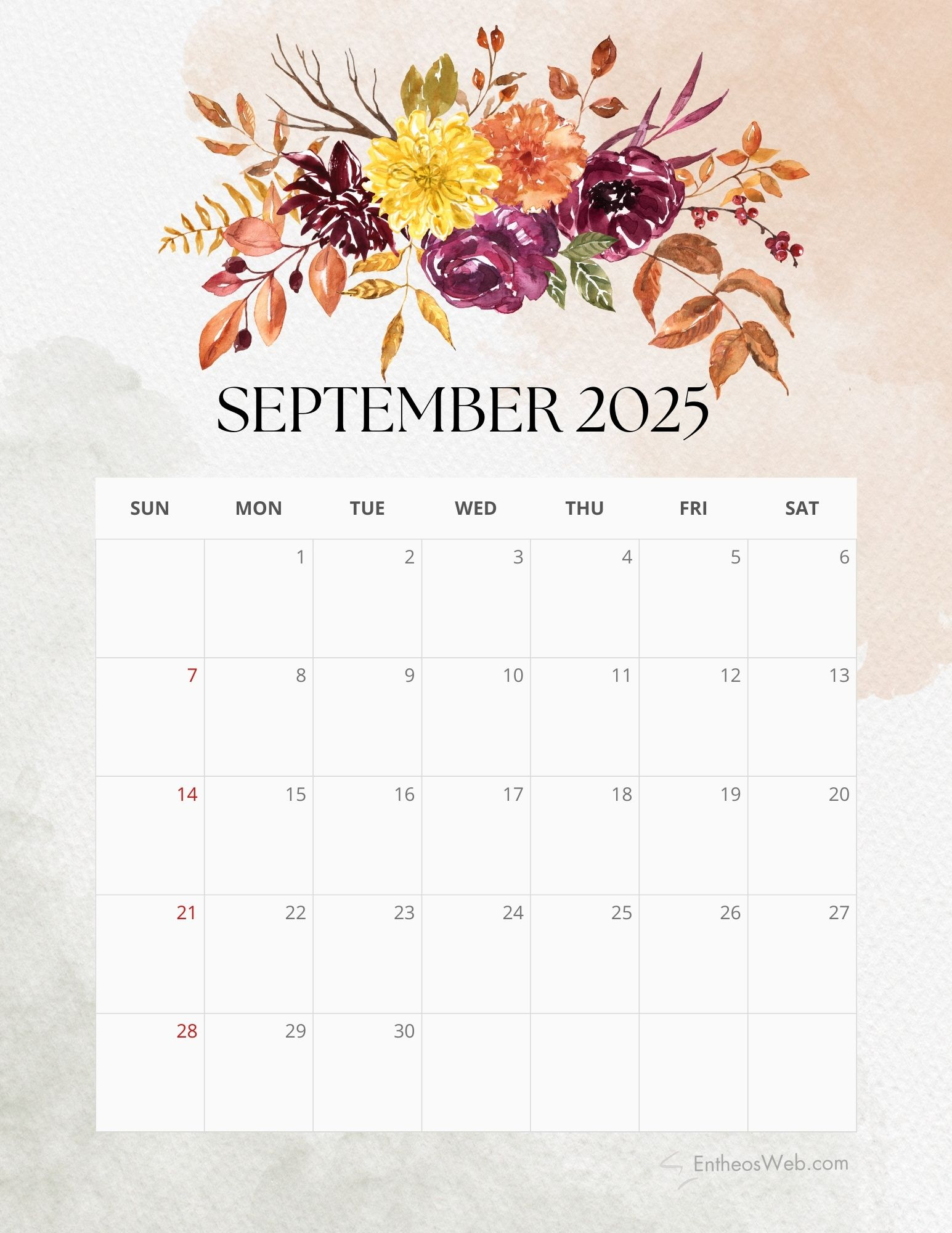 2025 Floral Monthly Calendar Free Pdf Printable | Entheosweb in September 2025 Calendar Flowers