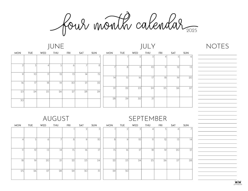 2025 Four Month Calendars - 31 Free Printables | Printabulls pertaining to Free Printable Calendar July September 2025