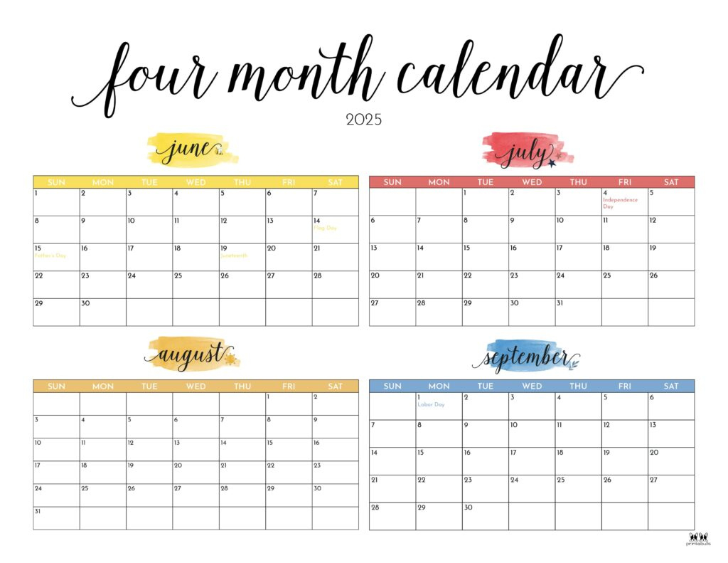 2025 Four Month Calendars - 31 Free Printables | Printabulls pertaining to June Through September 2025 Calendar