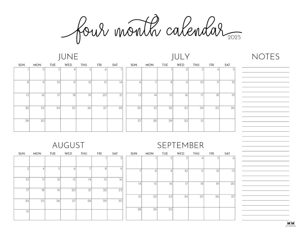 2025 Four Month Calendars - 31 Free Printables | Printabulls with regard to June Through September 2025 Calendar