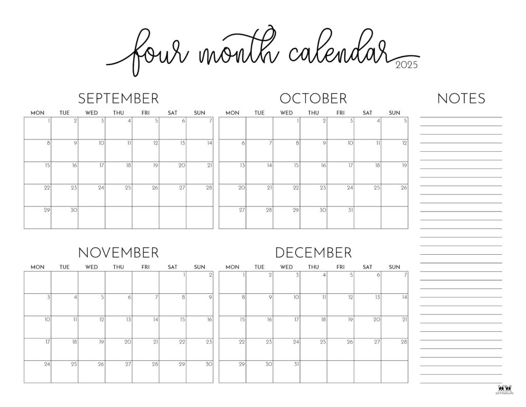 2025 Four Month Calendars - 31 Free Printables | Printabulls within Printable Calendar 2025 September October November