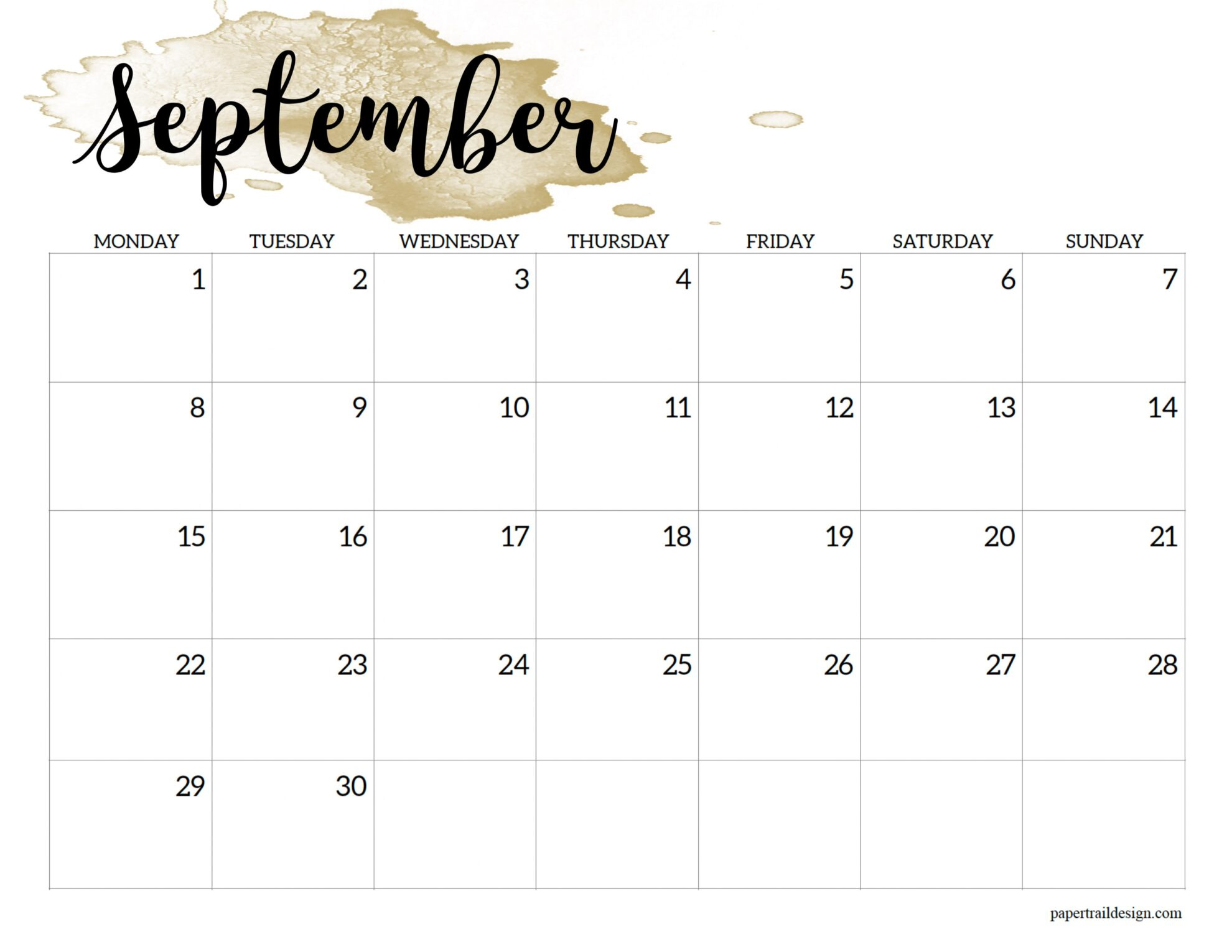 2025 Monday Start Calendar Printable - Watercolor - Paper Trail Design regarding September 2025 Calendar Monday to Sunday