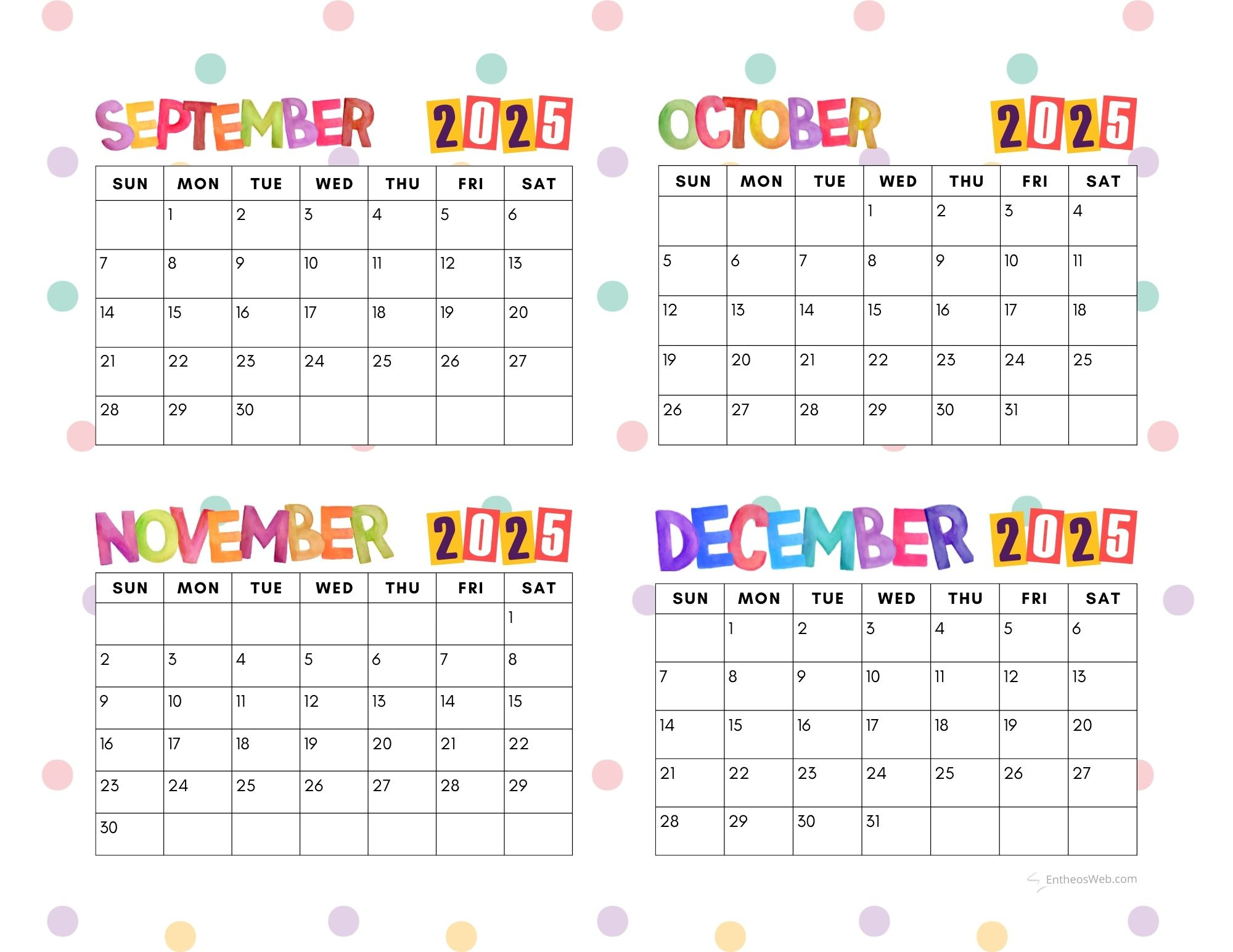 4 Month Calendar Printables – September, October, November And in Calendar September 2025 To December 2025