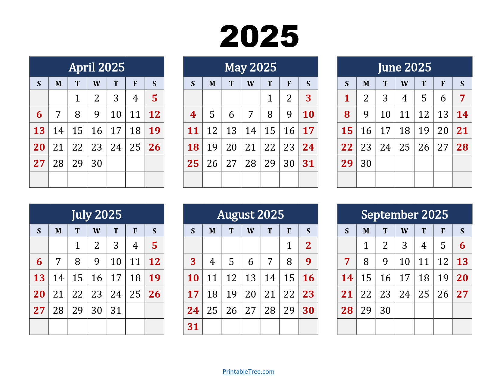 April To September 2025 Calendar Printable Pdf | Six Months Calendar for April to September 2025 Calendar