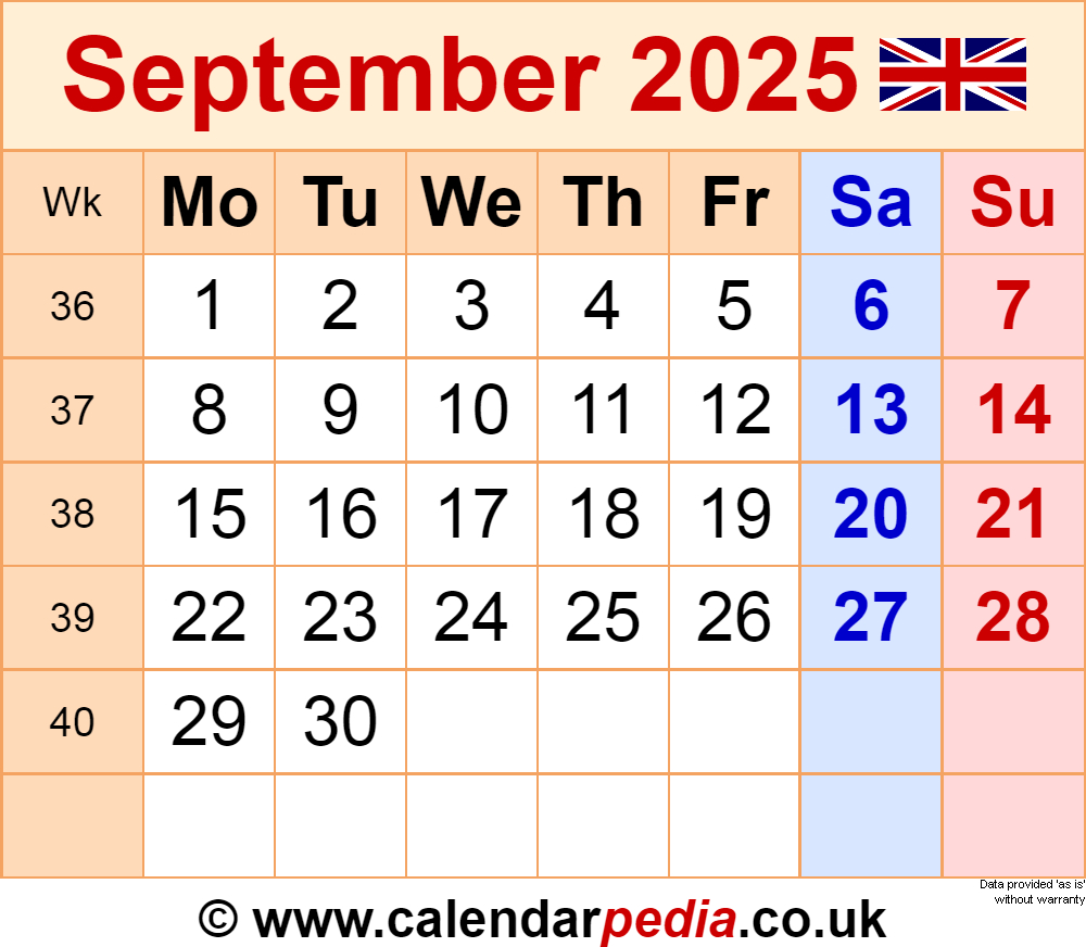 Calendar September 2025 Uk With Pdf, Excel And Word Templates inside Printable Calendar September 2025 UK