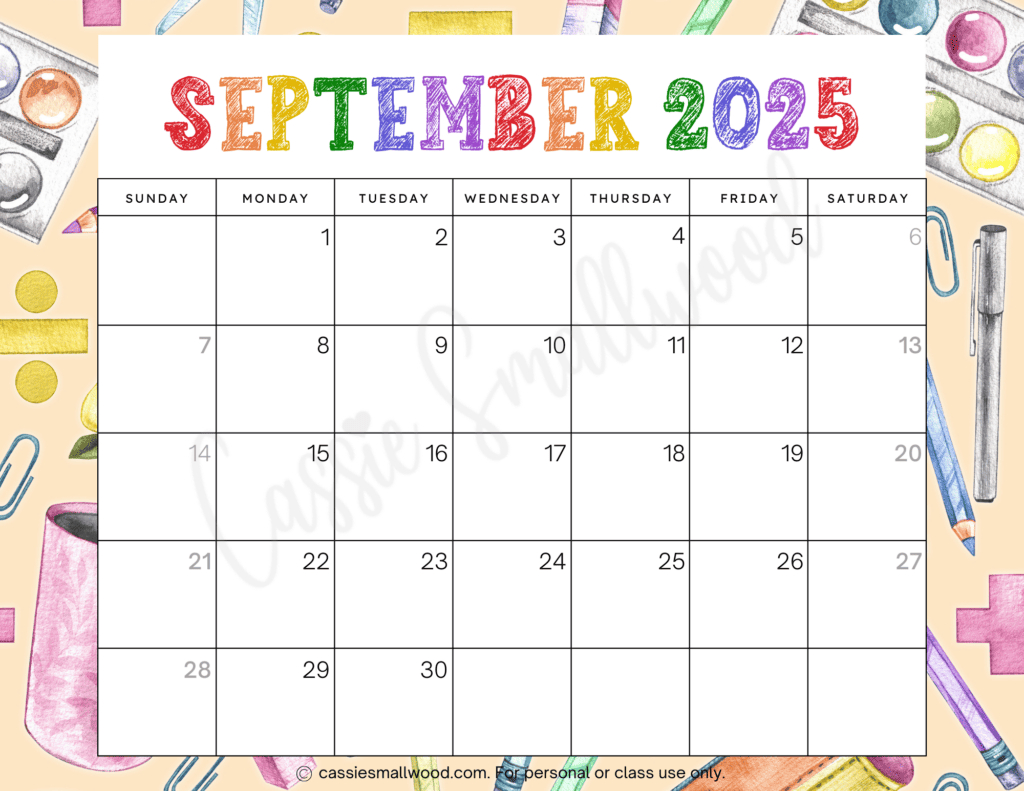 Cute 2025 Free Printable Monthly Calendars - Cassie Smallwood pertaining to September 2025 Calendar Kids