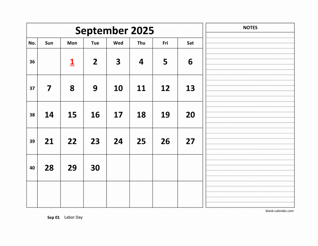 Free Download Printable September 2025 Calendar, Large Space For in September 2025 Calendar Printable with Notes