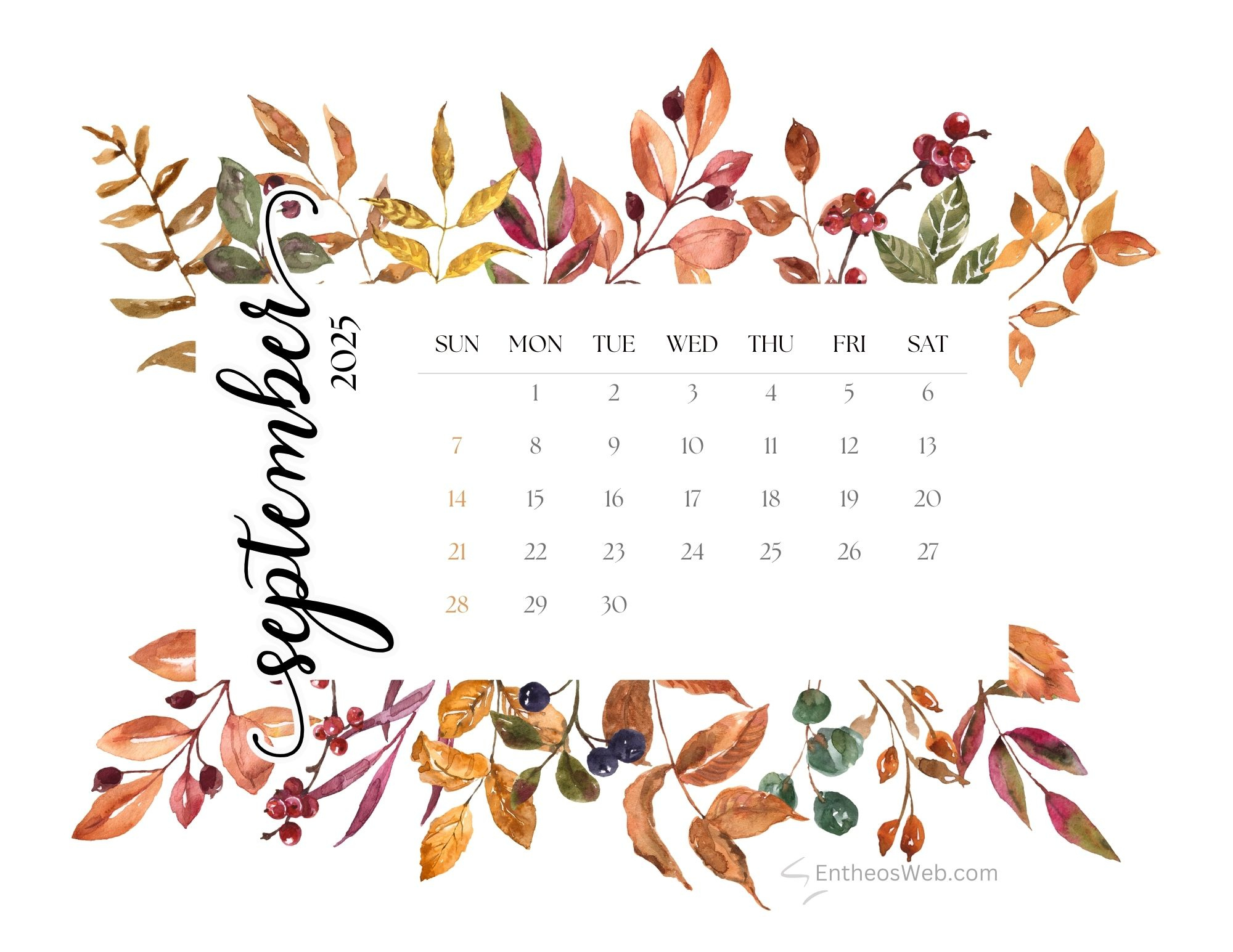 Free Printable September 2025 Calendars | Entheosweb throughout September 2025 Desktop Calendar