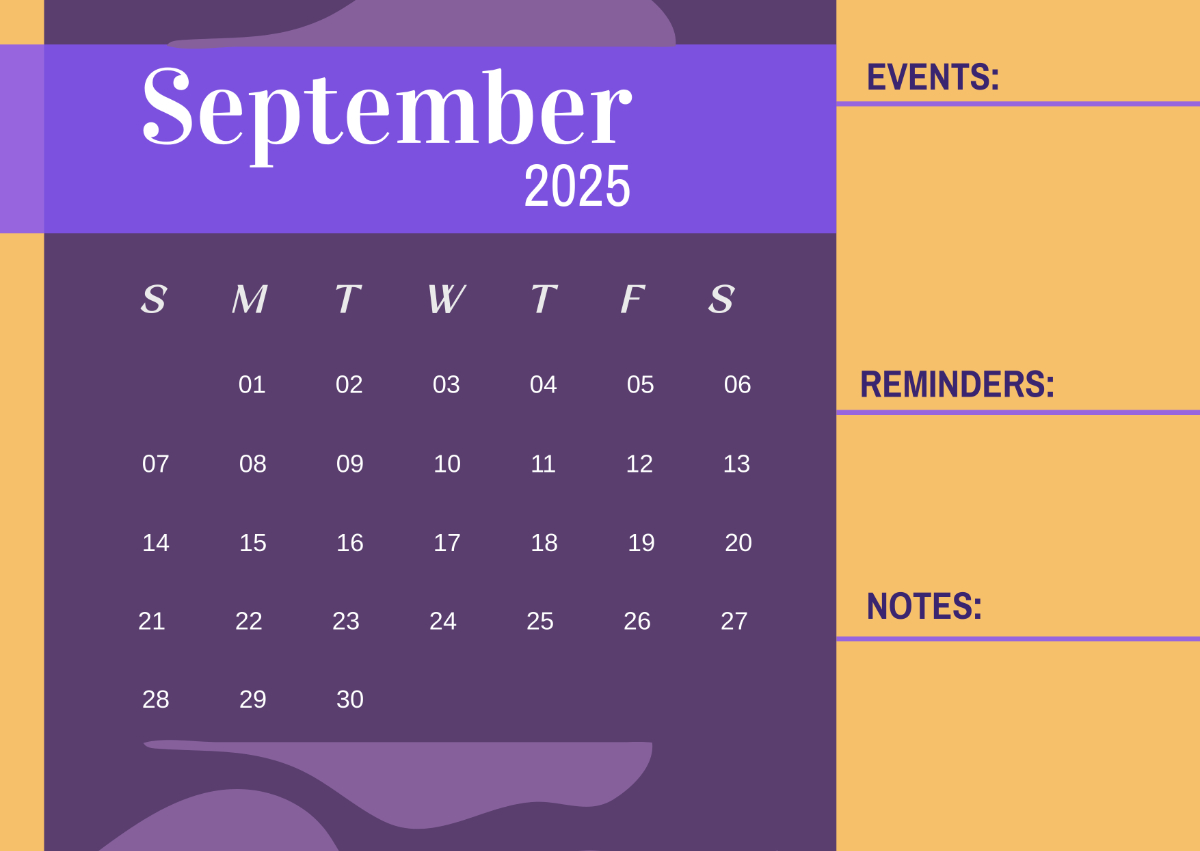 Free September 2025 Calendar With Events Column Template To Edit for Show September 2025 Calendar