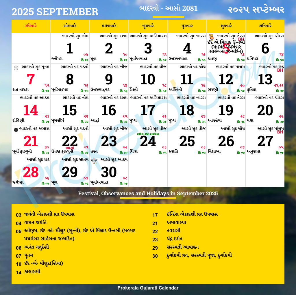 Gujarati Calendar September, 2025 | Vikram Samvat 2081, Bhadarvo, Aso in Gujarati Calendar September 2025