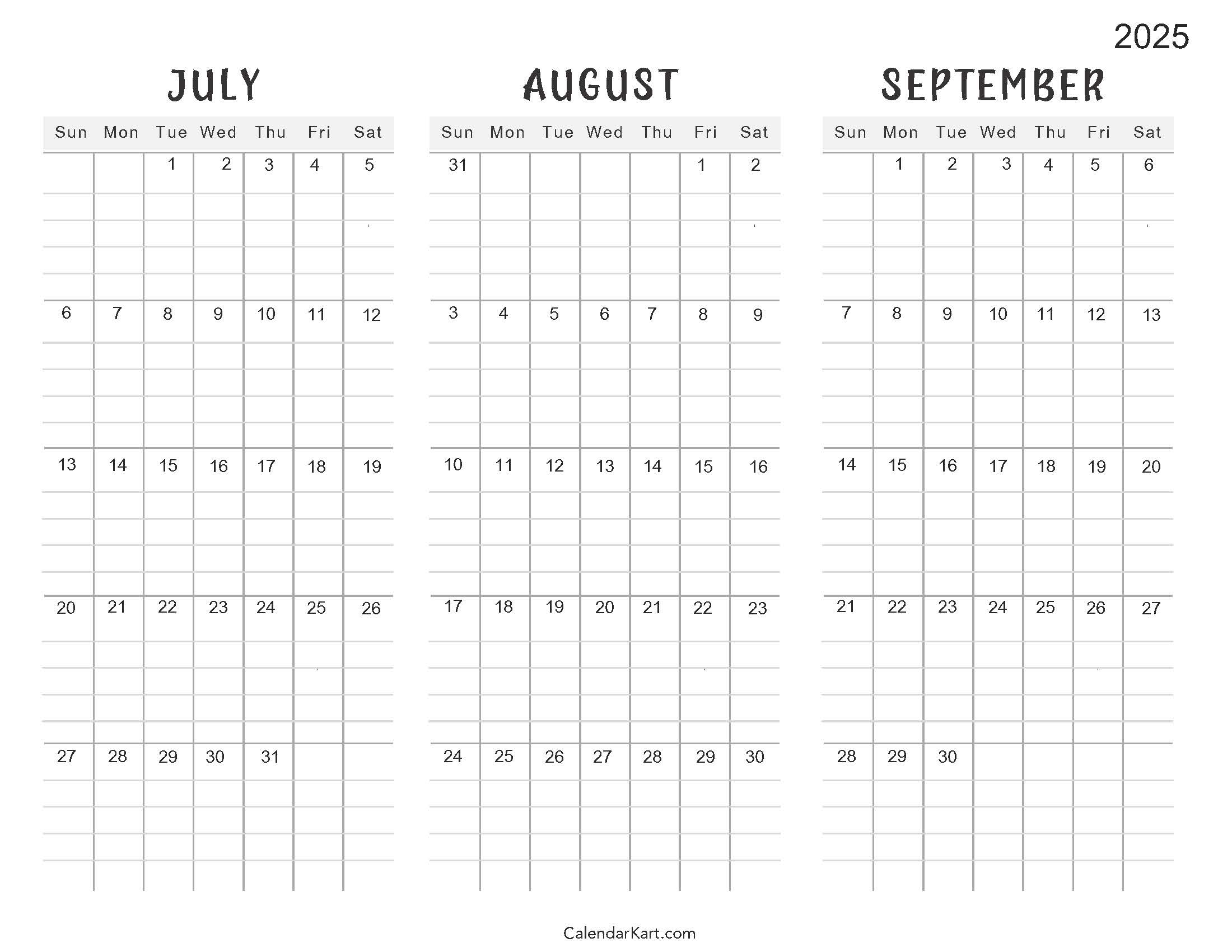 July To September 2025 Calendar (Q3) - Calendarkart throughout Free Printable Calendar July September 2025