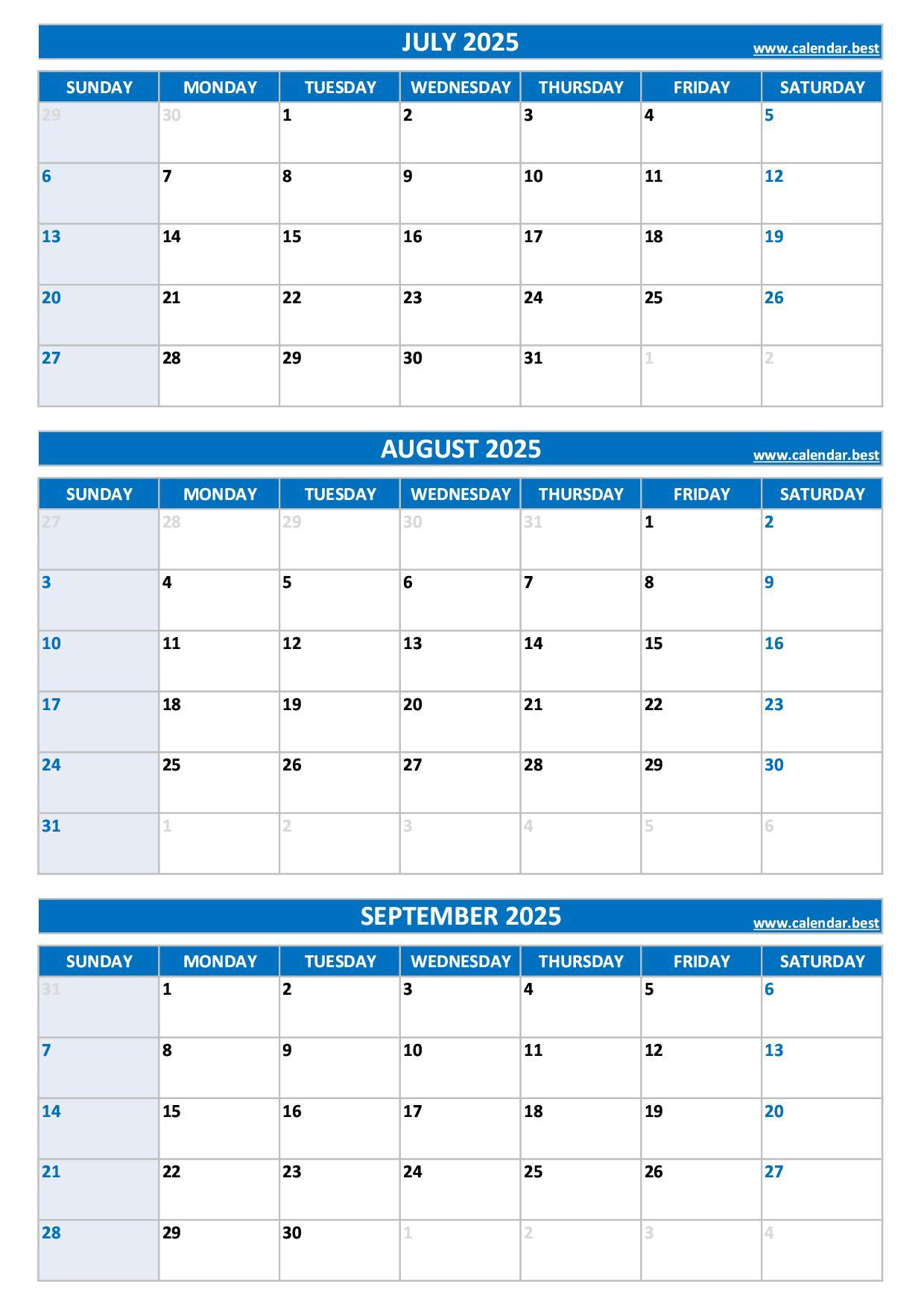 Printable 3Rd Quarter 2025 Calendar with July To September 2025 Calendar