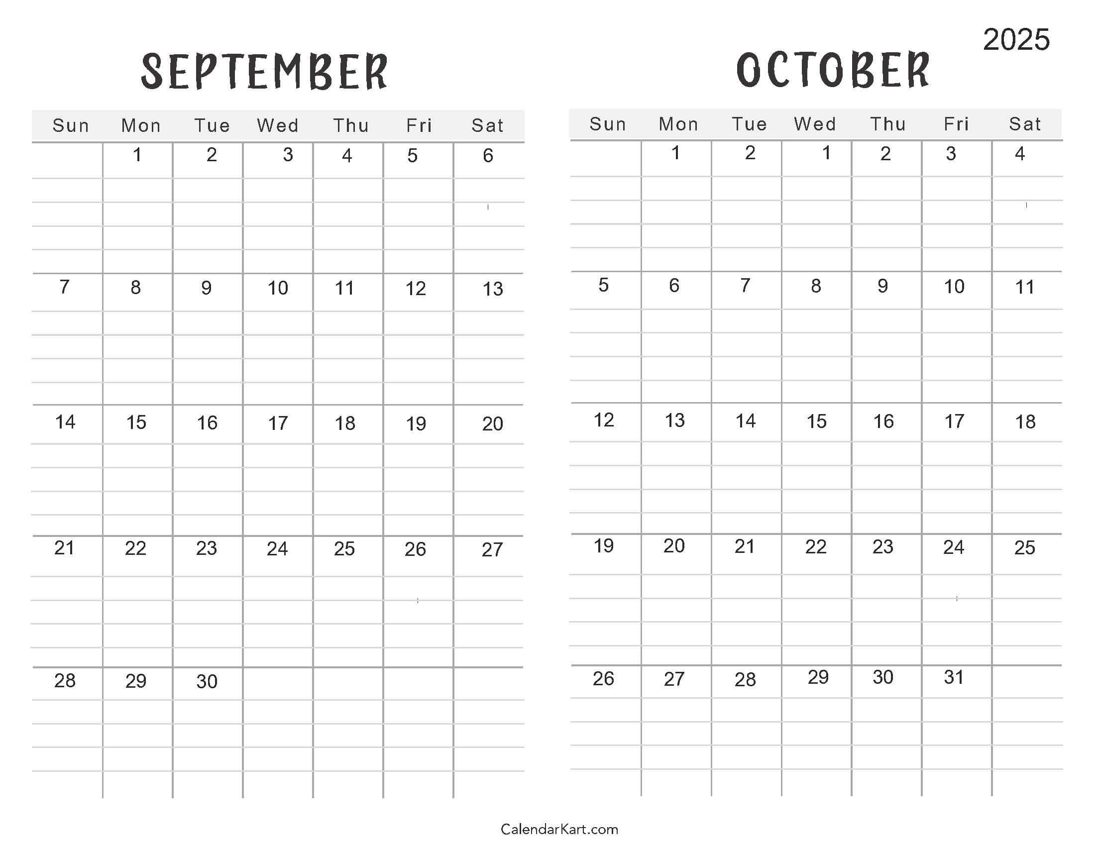 Printable September October 2025 Calendar | Calendarkart throughout September And October 2025 Printable Calendar
