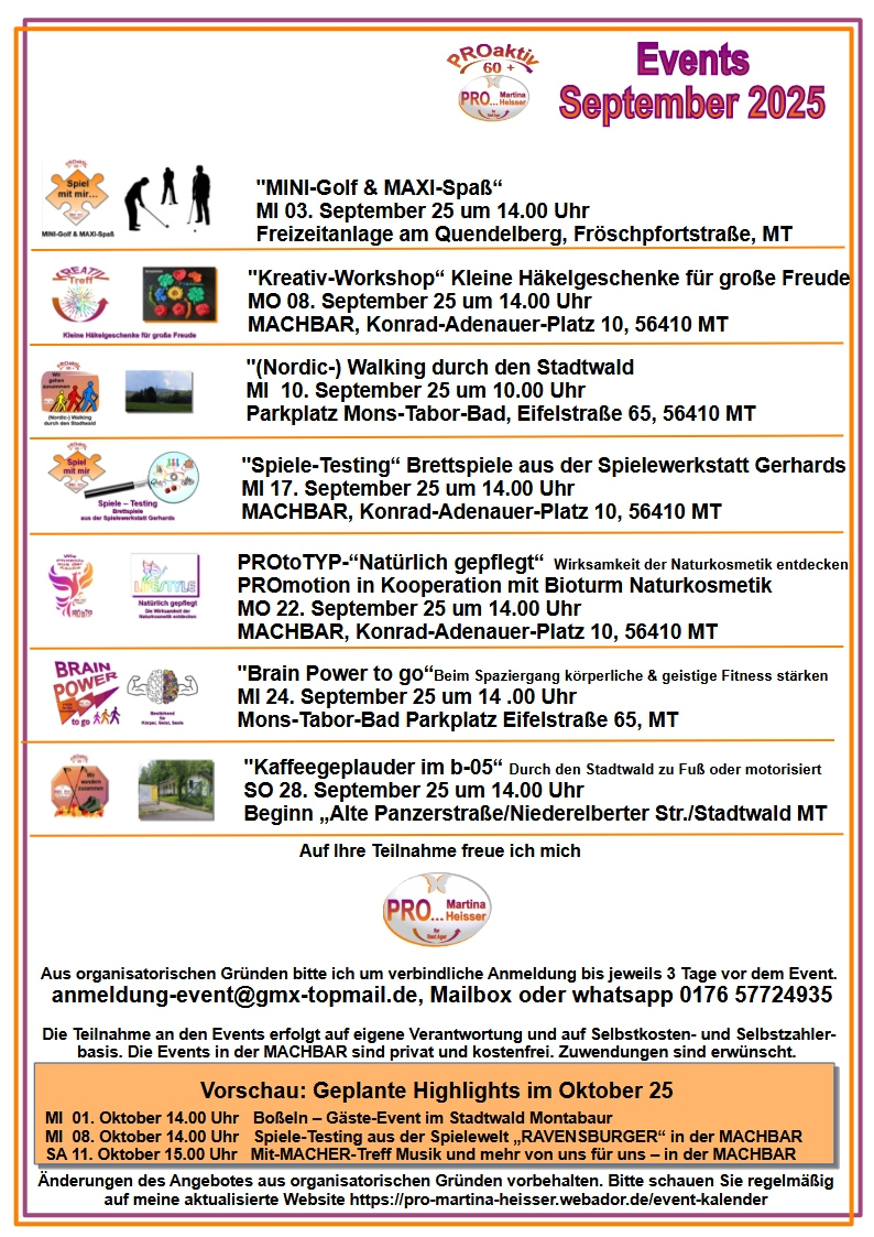 Proaktiv60+ Eventprogramm September 2025 - Montabaur Live for September Events 2025