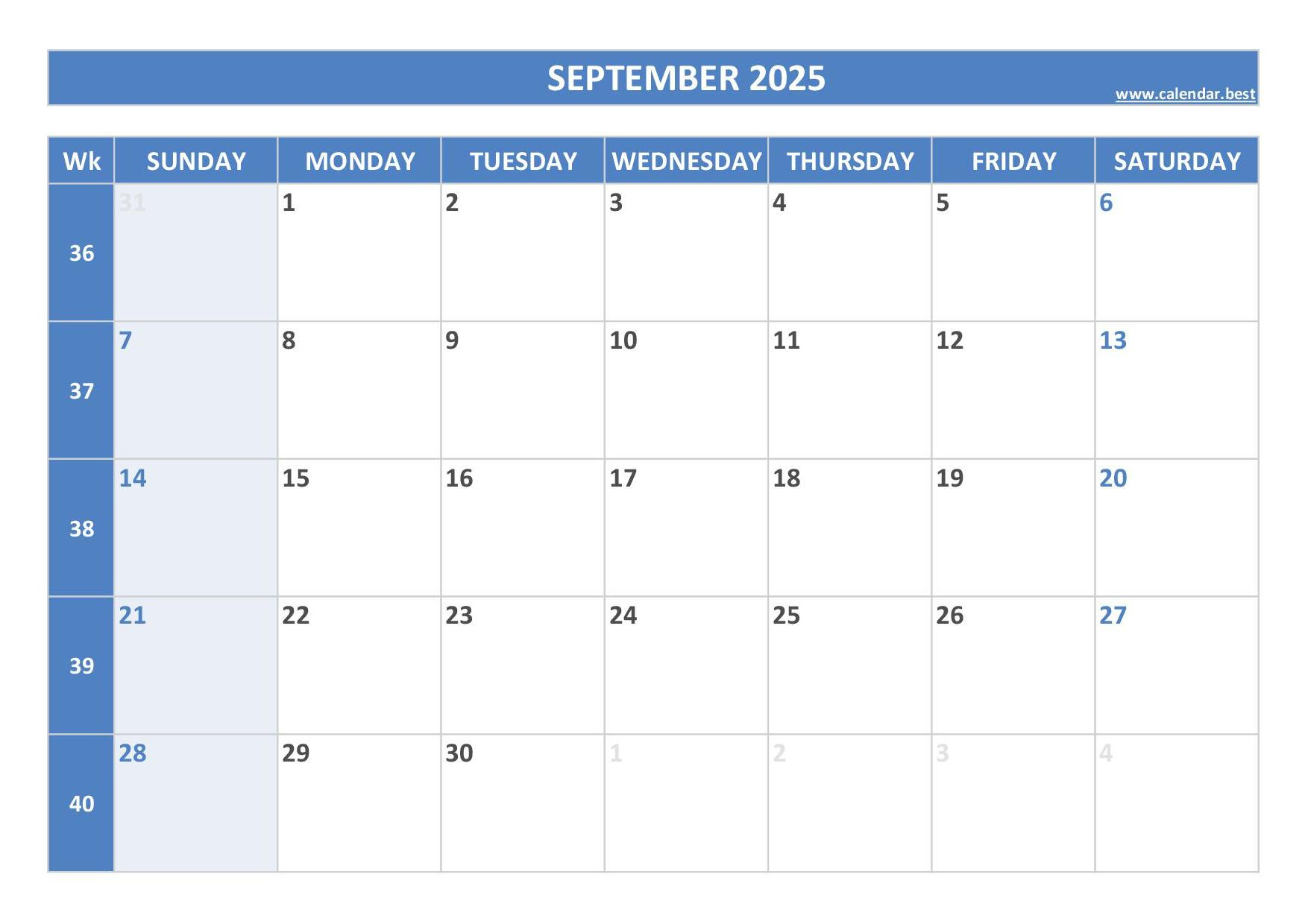 September 2025 Calendar -Calendar.best throughout September Weekly Calendar 2025