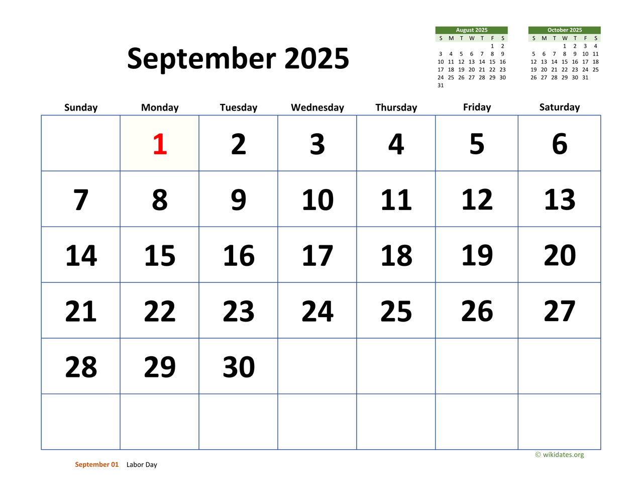September 2025 Calendar With Extra-Large Dates | Wikidates for September 2025 Calendar Wiki
