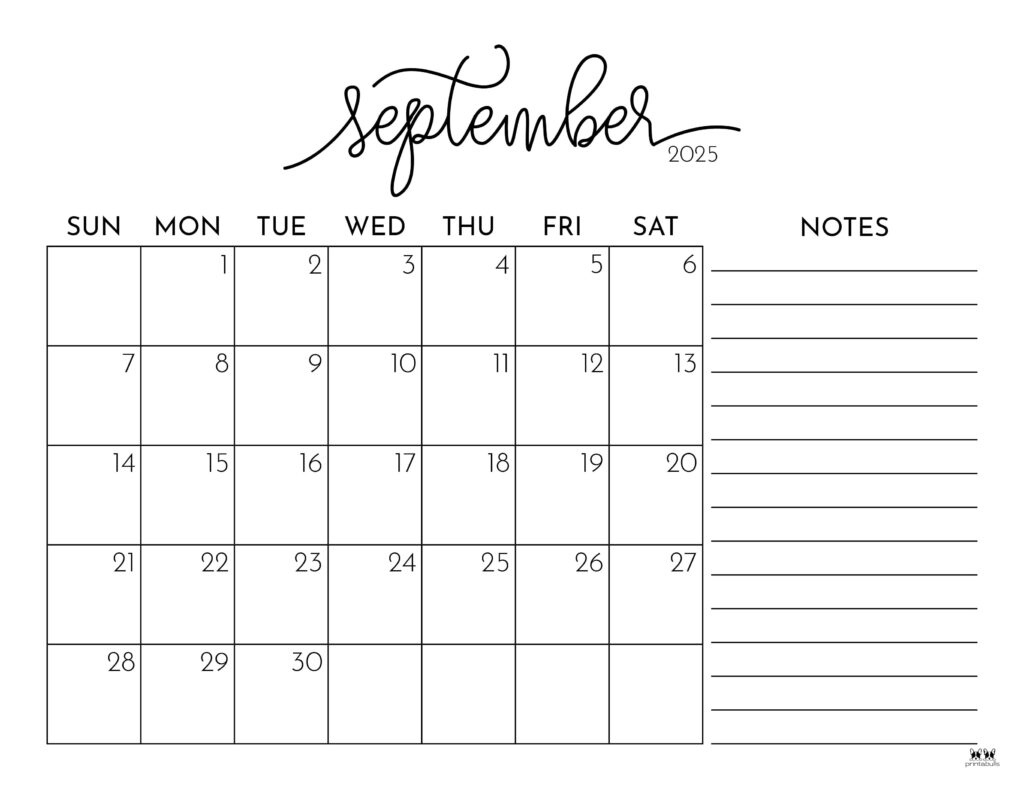 September 2025 Calendars - 107 Free Printables | Printabulls for September 2025 Calendar Printable with Notes