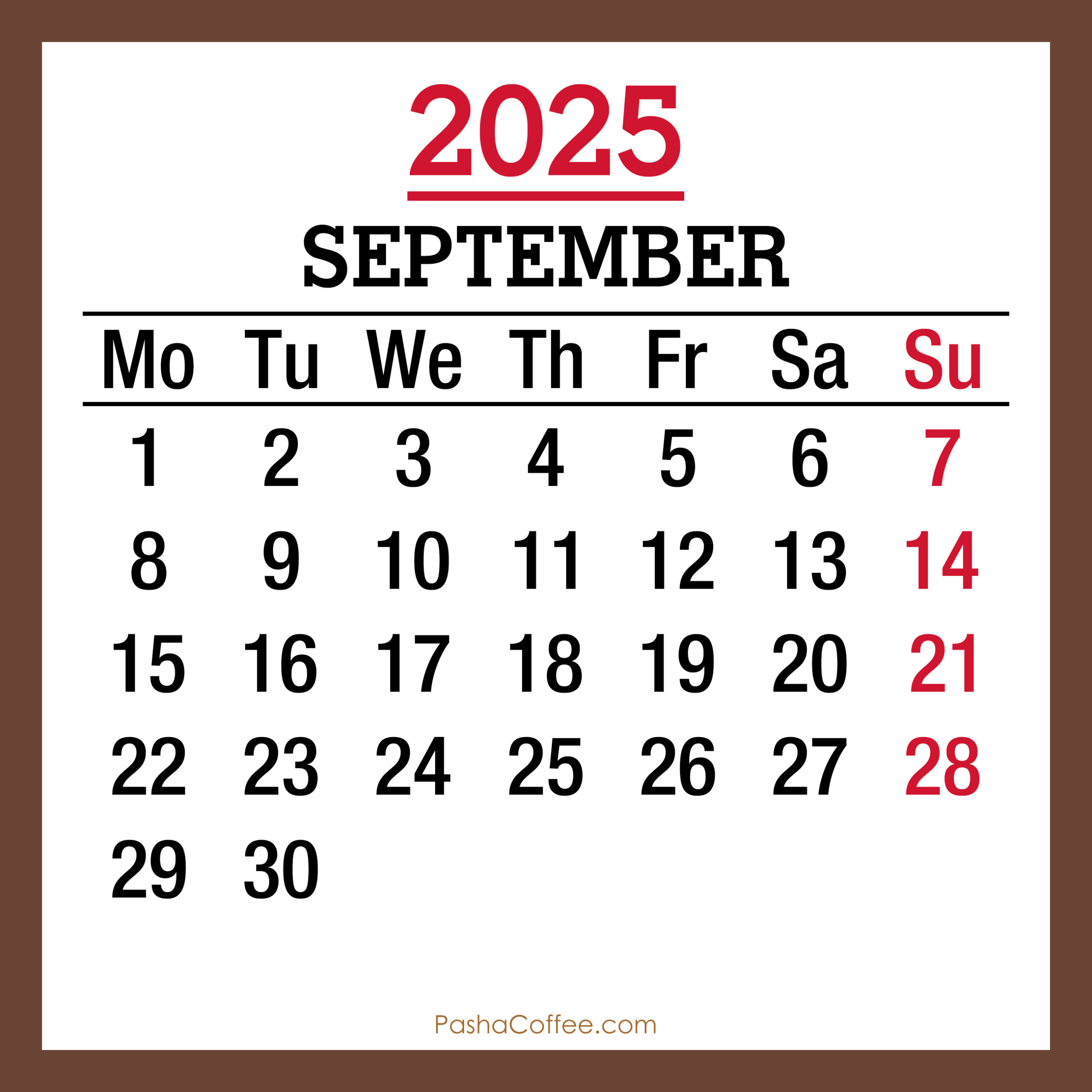 September 2025 Monthly Calendar, Printable Free, Brown, Monday inside September 2025 Calendar Monday To Sunday