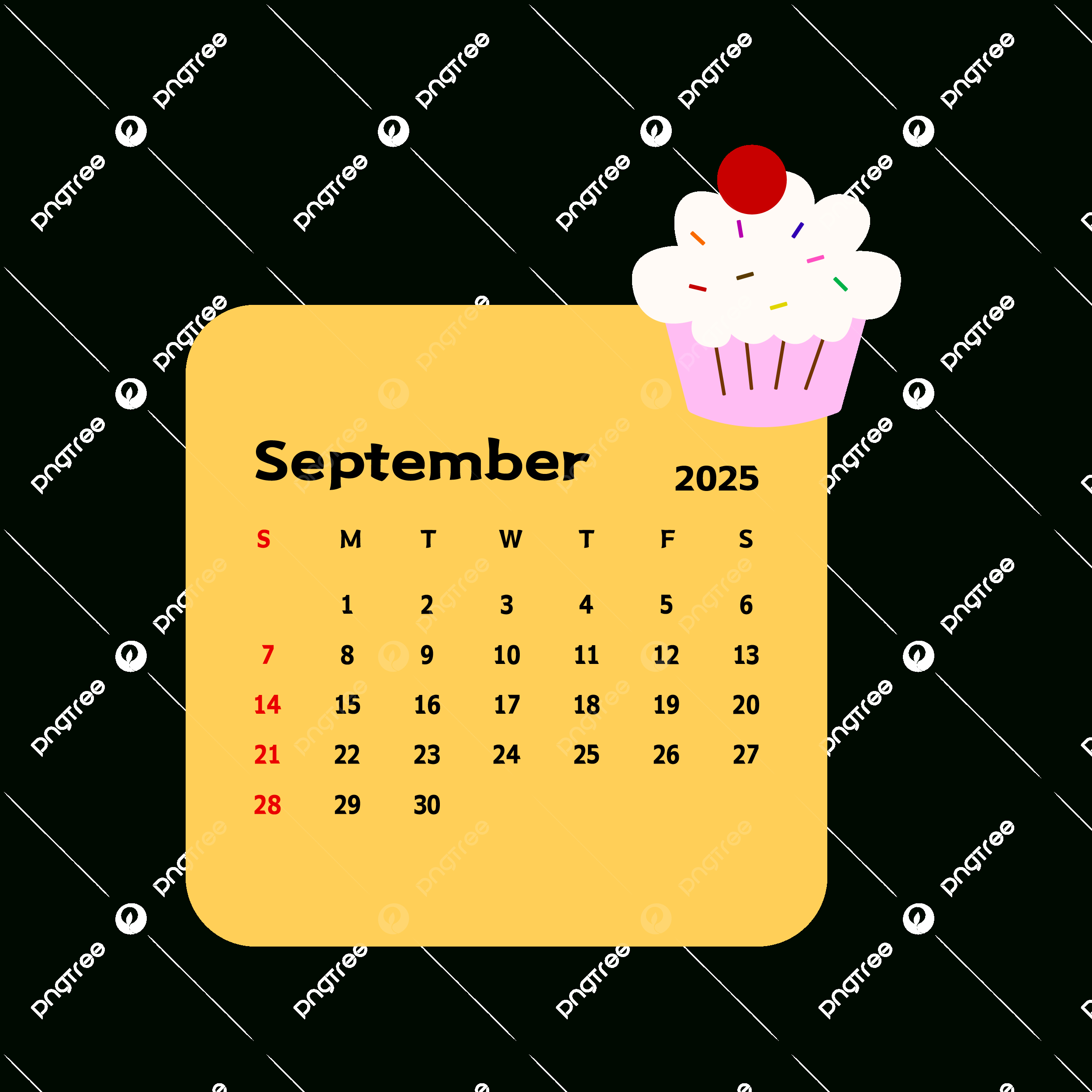 September 2025 Monthly Calendar With Cartoon Cake Vector, Cake for September 2025 Clipart