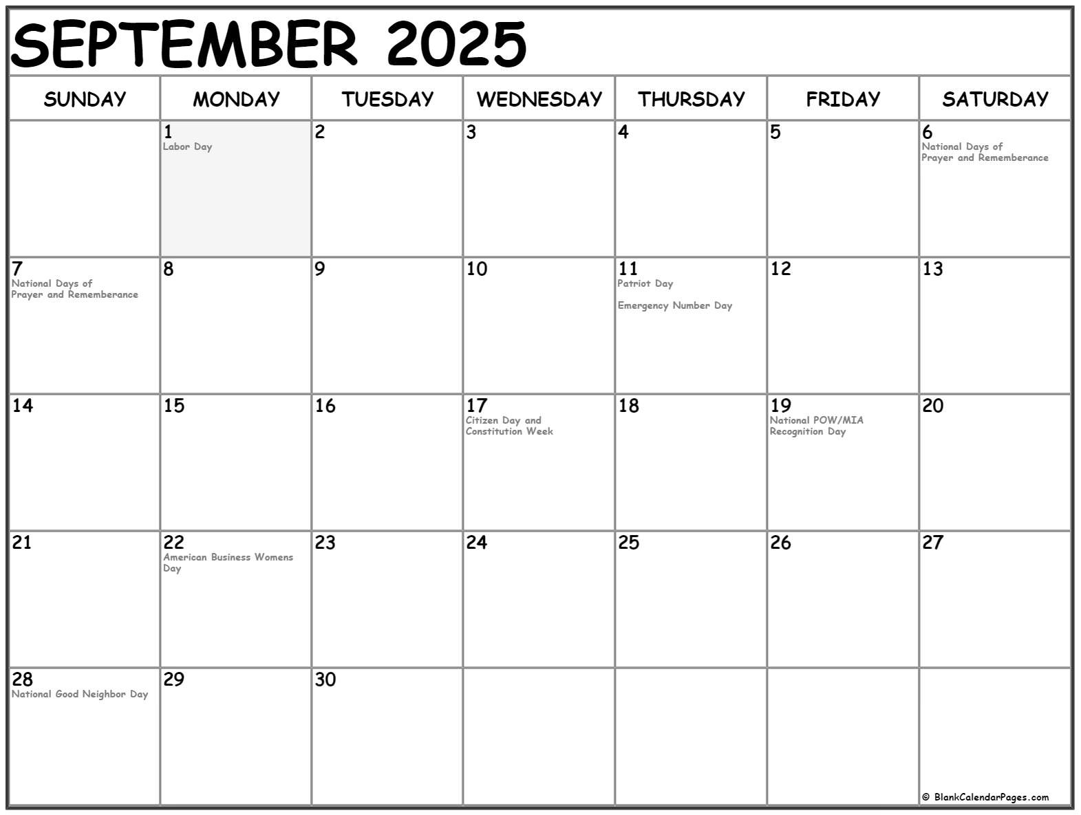 September 2025 With Holidays Calendar with regard to September National Day Calendar 2025