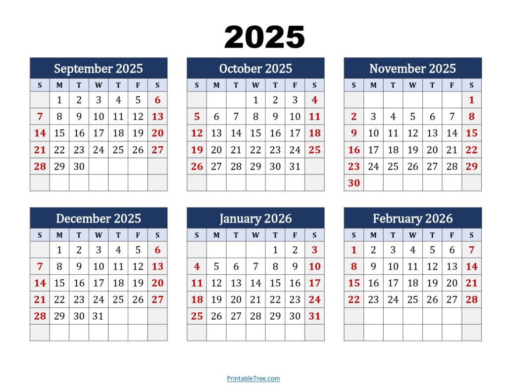Six Month Calendar 2025-2026 Printable Pdf- 6 Months Calendar for September 2025 to June 2026 Calendar Printable